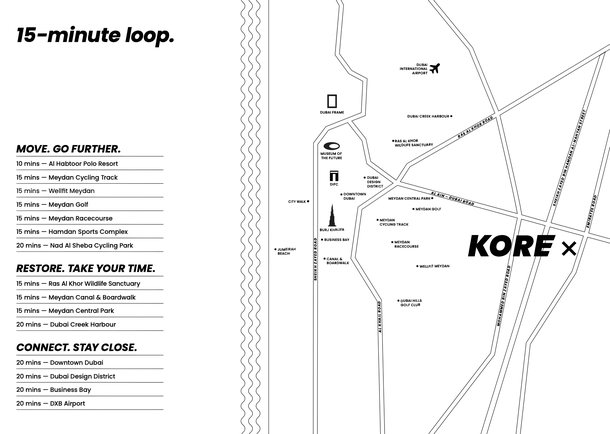 Map of KORE in Dubailand with drive times to Meydan, Downtown Dubai and DXB airport